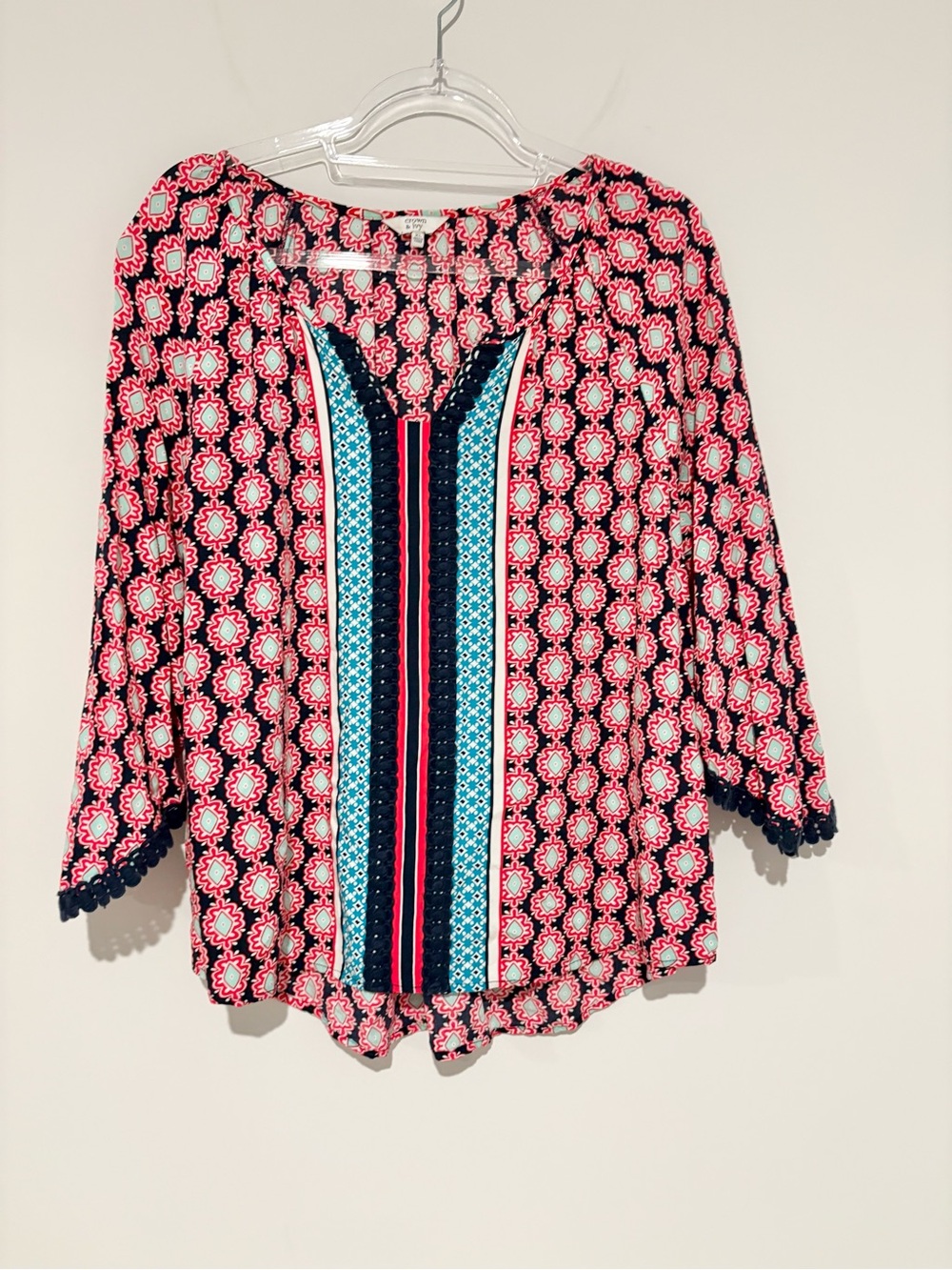 Crown & Ivy Peasant Blouse Pop Over Mixed Print 3/4 Sleeve Navy red size XL